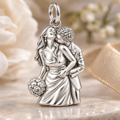 Eternal Wedding Embrace Charm Bracelet – Personalized Couple Gift – macro detail of the charm