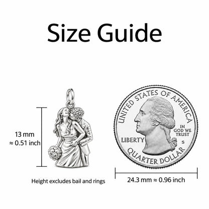 Eternal Wedding Embrace Charm Bracelet – Personalized Couple Gift – size guide, 13 mm charm next to a quarter