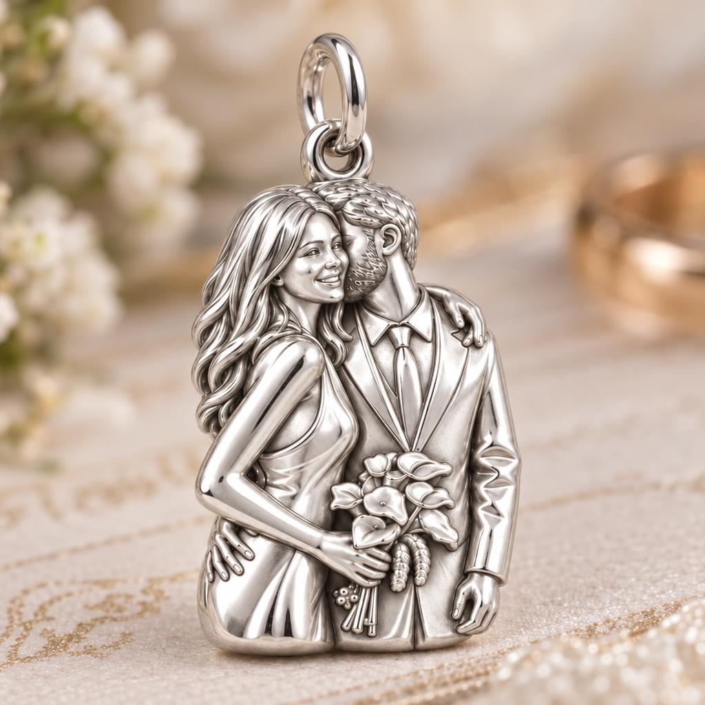 Eternal Wedding Embrace Charm Bracelet – Personalized Couple Gift – macro detail of the charm