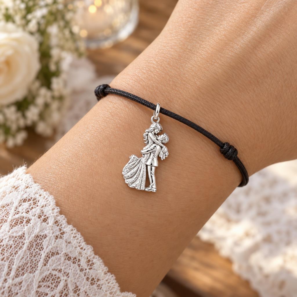 Eternal Wedding Embrace Charm Bracelet – Personalized Couple Gift – worn on the wrist on a black cord bracelet