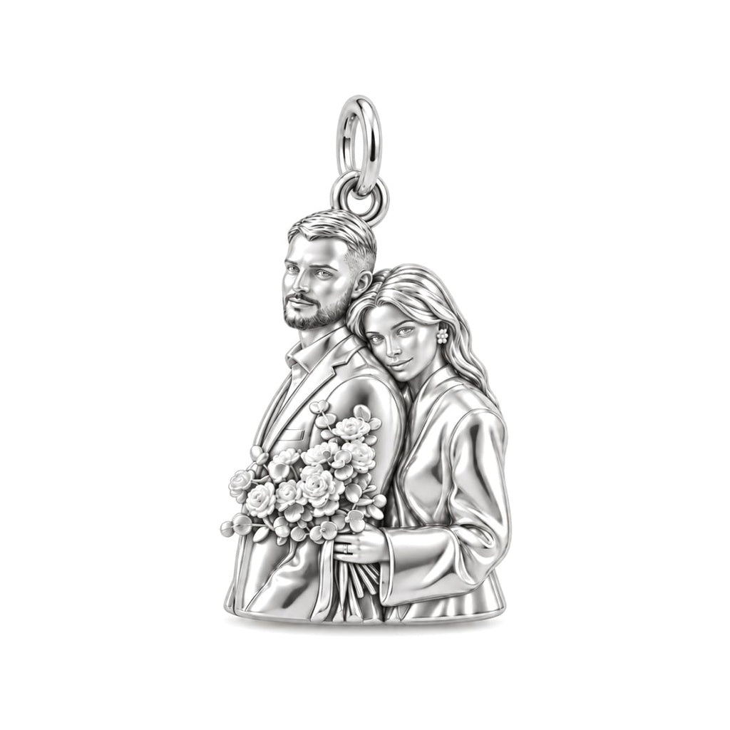 Eternal Wedding Portrait Charm Bracelet – Personalized Couple Gift – silver charm, front view