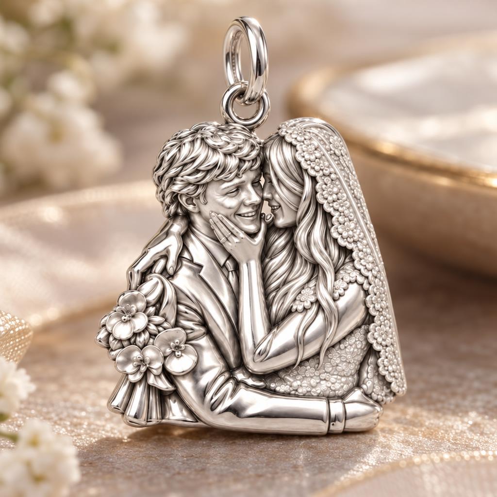 Eternal Wedding Portrait Charm Bracelet – Personalized Couple Gift – macro detail of the charm