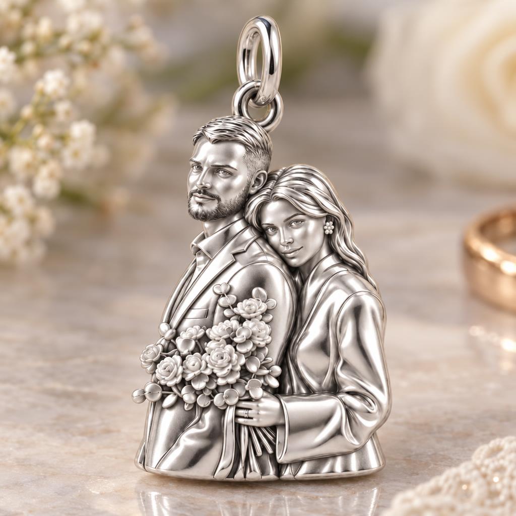 Eternal Wedding Portrait Charm Bracelet – Personalized Couple Gift – macro detail of the charm