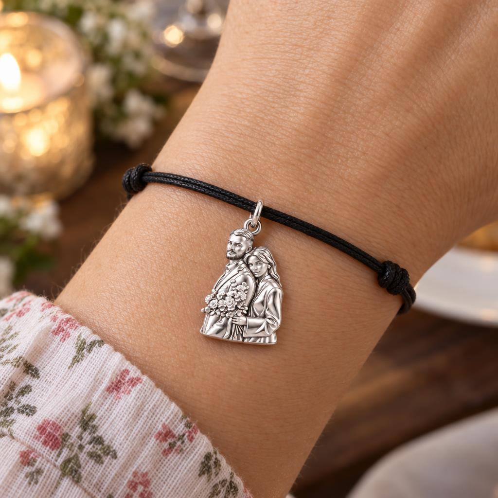 Eternal Wedding Portrait Charm Bracelet – Personalized Couple Gift – worn on the wrist on a black cord bracelet