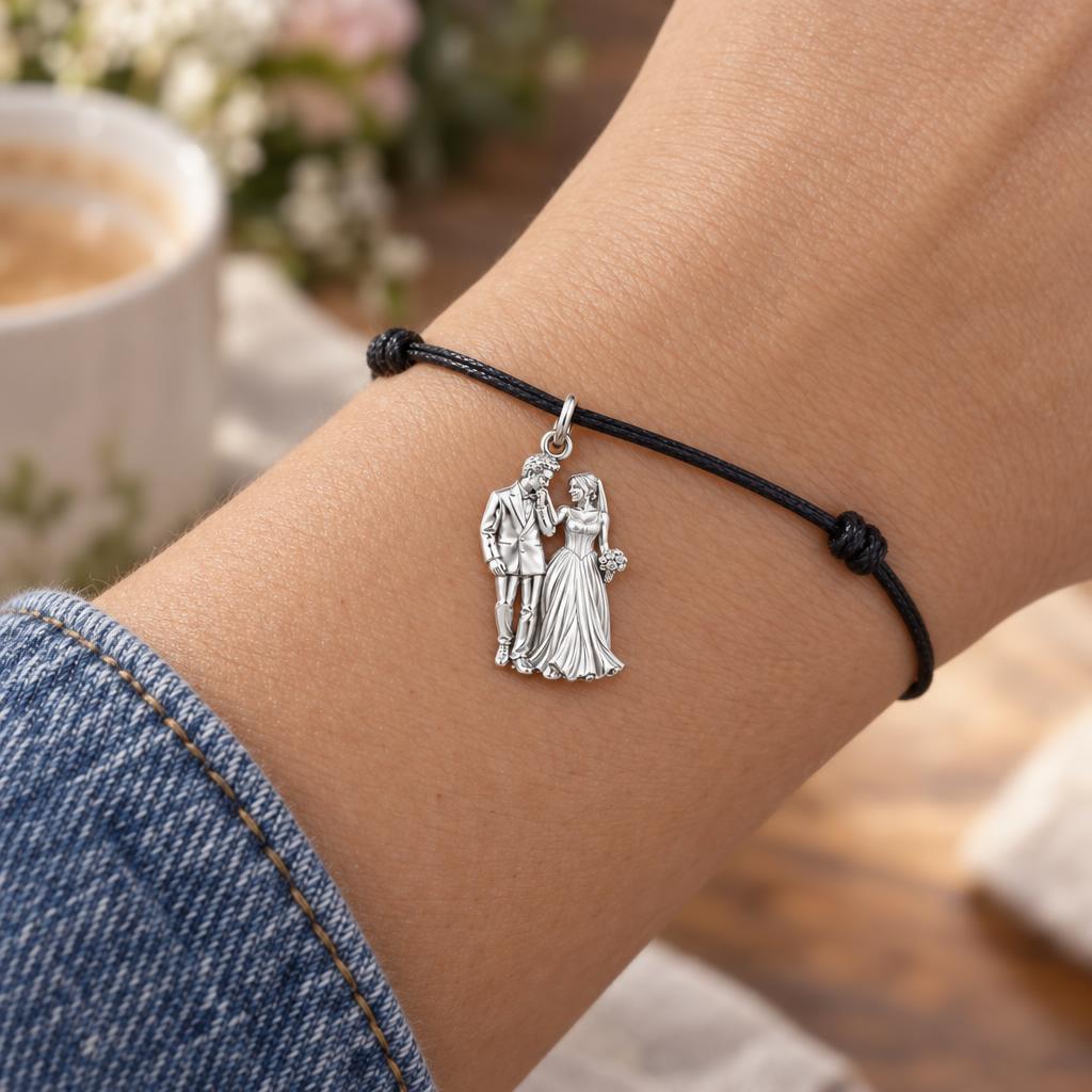 Eternal Wedding Vow Charm Bracelet – Personalized Couple Gift – worn on the wrist on a black cord bracelet