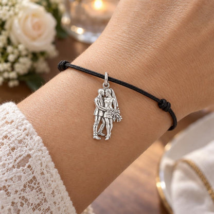 Eternal Wedding Vow Charm Bracelet – Personalized Couple Gift – worn on the wrist on a black cord bracelet