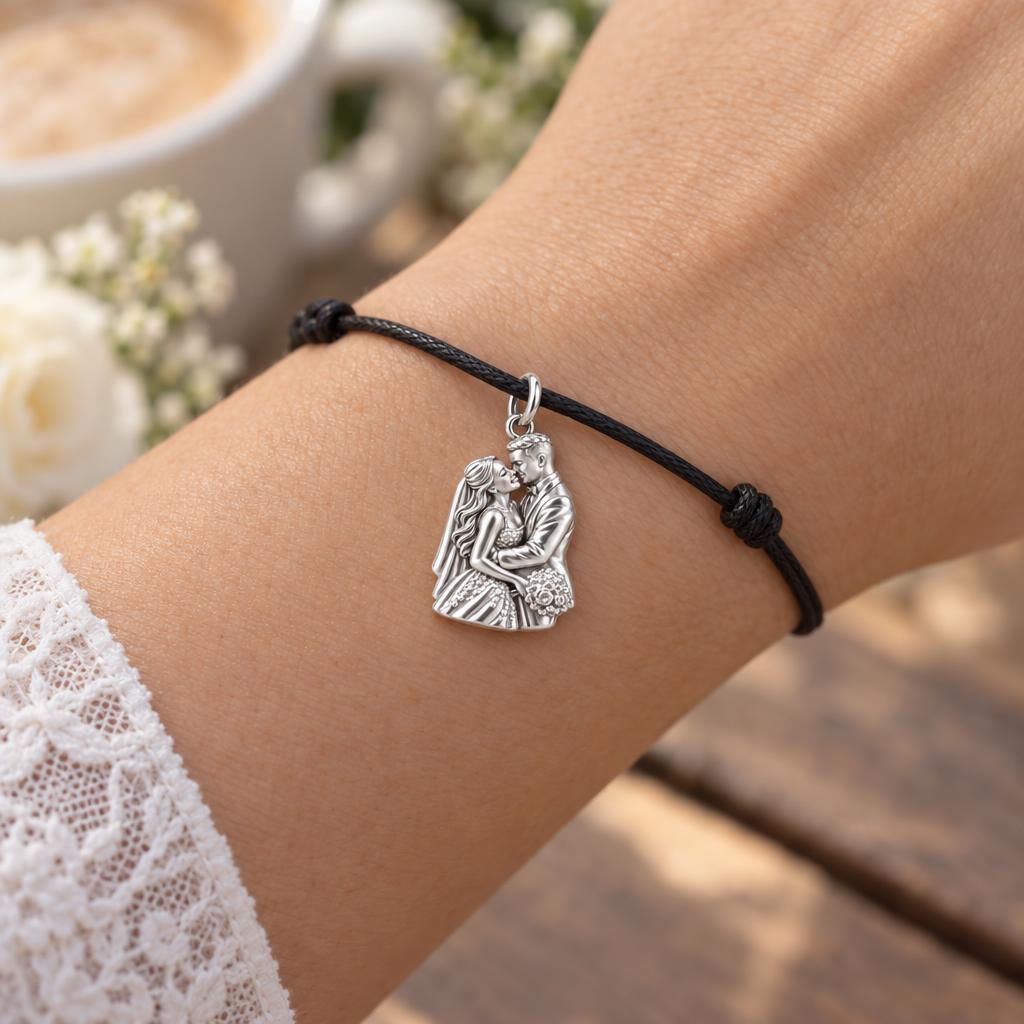Eternal Wedding Vow Charm Bracelet – Personalized Couple Gift – worn on the wrist on a black cord bracelet