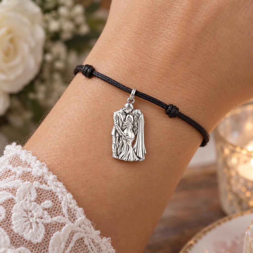 Eternal Wedding Vow Charm Bracelet – Personalized Couple Gift – worn on the wrist on a black cord bracelet