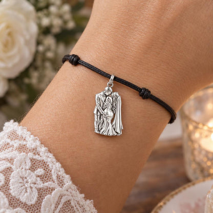 Eternal Wedding Vow Charm Bracelet – Personalized Couple Gift – worn on the wrist on a black cord bracelet