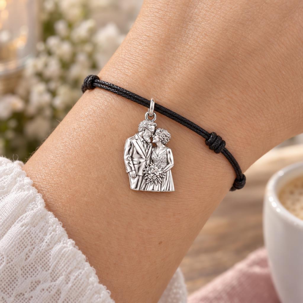 Eternal Wedding Vow Charm Bracelet – Personalized Couple Gift – worn on the wrist on a black cord bracelet