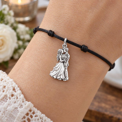 Eternal Wedding Vow Charm Bracelet – Personalized Upload Photo Gift – worn on the wrist on a black cord bracelet