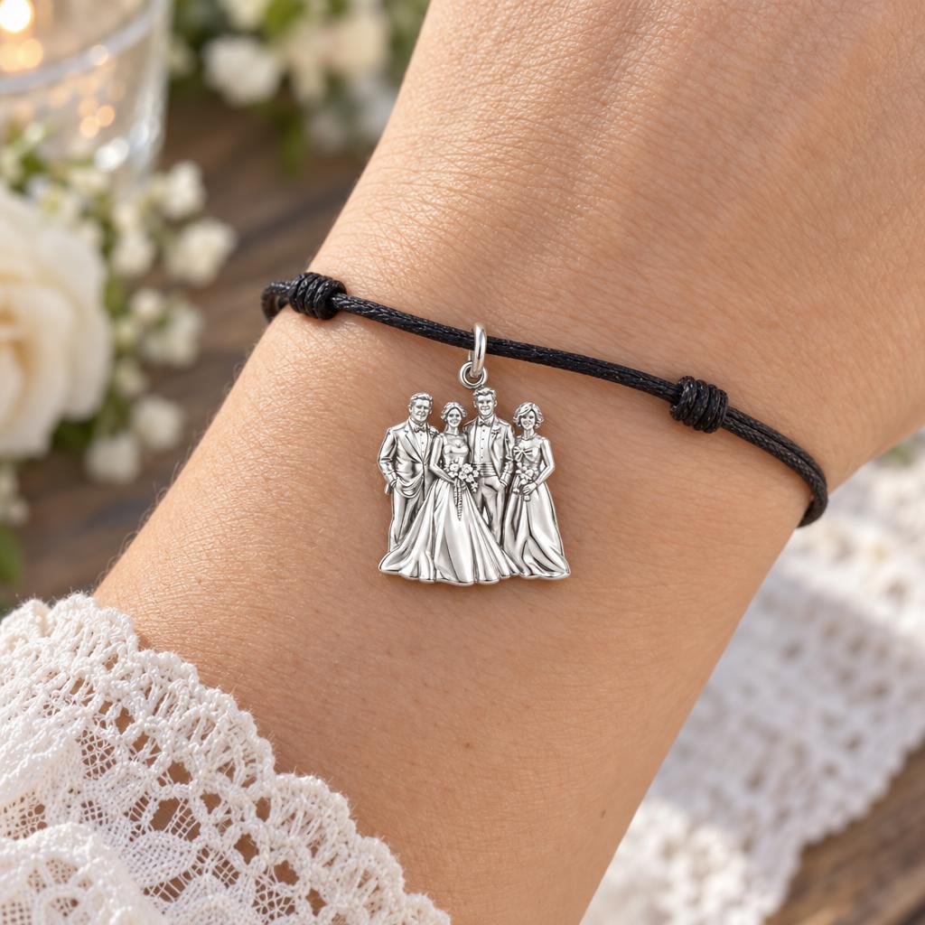 Eternal Wedding Vows Charm Bracelet – Personalized Couple Gift – worn on the wrist on a black cord bracelet