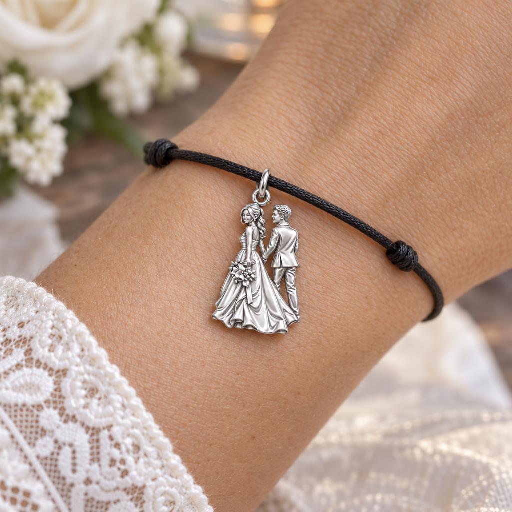 Eternal Wedding Walk Charm Bracelet – Personalized Couple Gift – worn on the wrist on a black cord bracelet
