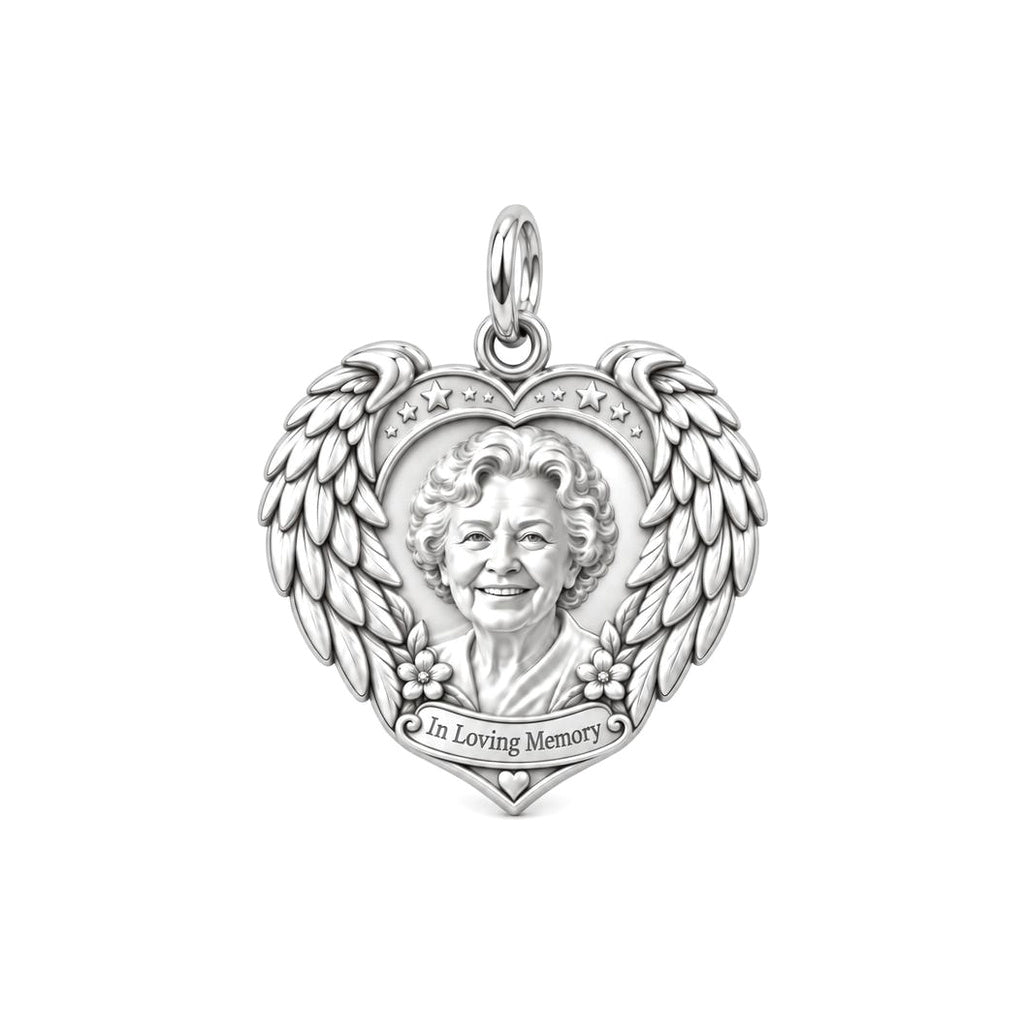 Eternal Wings Memorial Heart Charm Bracelet – Personalized Memorial – silver plated 2 cm charm, front view