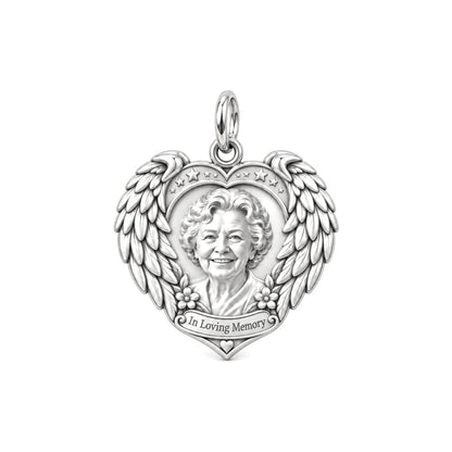 Eternal Wings Memorial Heart Charm Bracelet – Personalized Memorial – silver plated 2 cm charm, front view