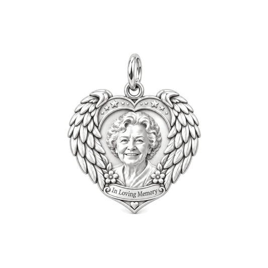 Eternal Wings Memorial Heart Charm Bracelet – Personalized Memorial – silver plated 2 cm charm, front view