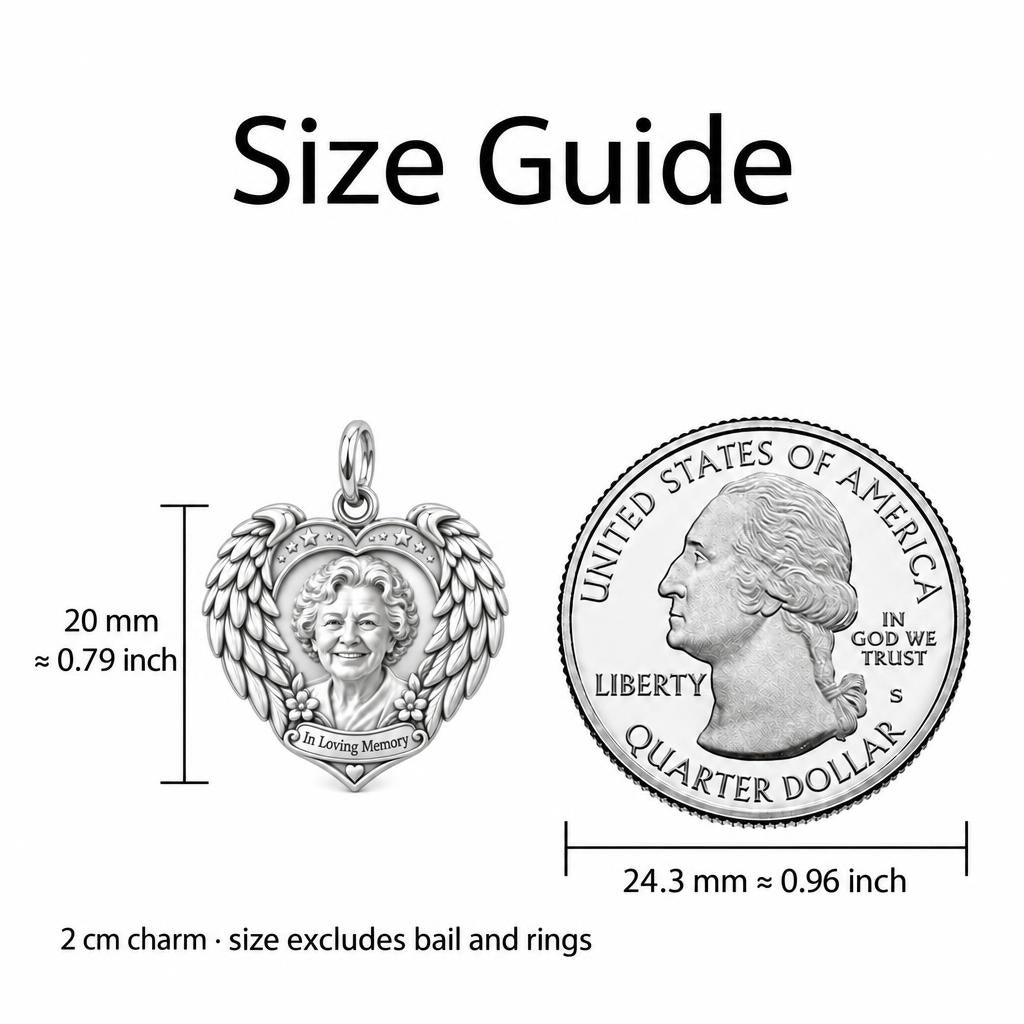 Eternal Wings Memorial Heart Charm Bracelet – Personalized Memorial – size guide, 2 cm charm next to a quarter