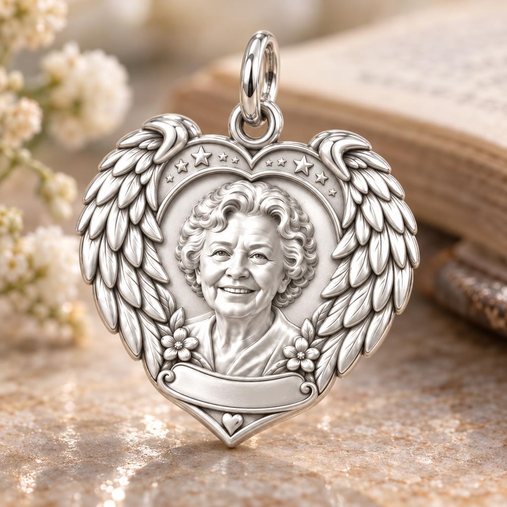 Eternal Wings Memorial Heart Charm Bracelet – Personalized Memorial – macro detail of the charm