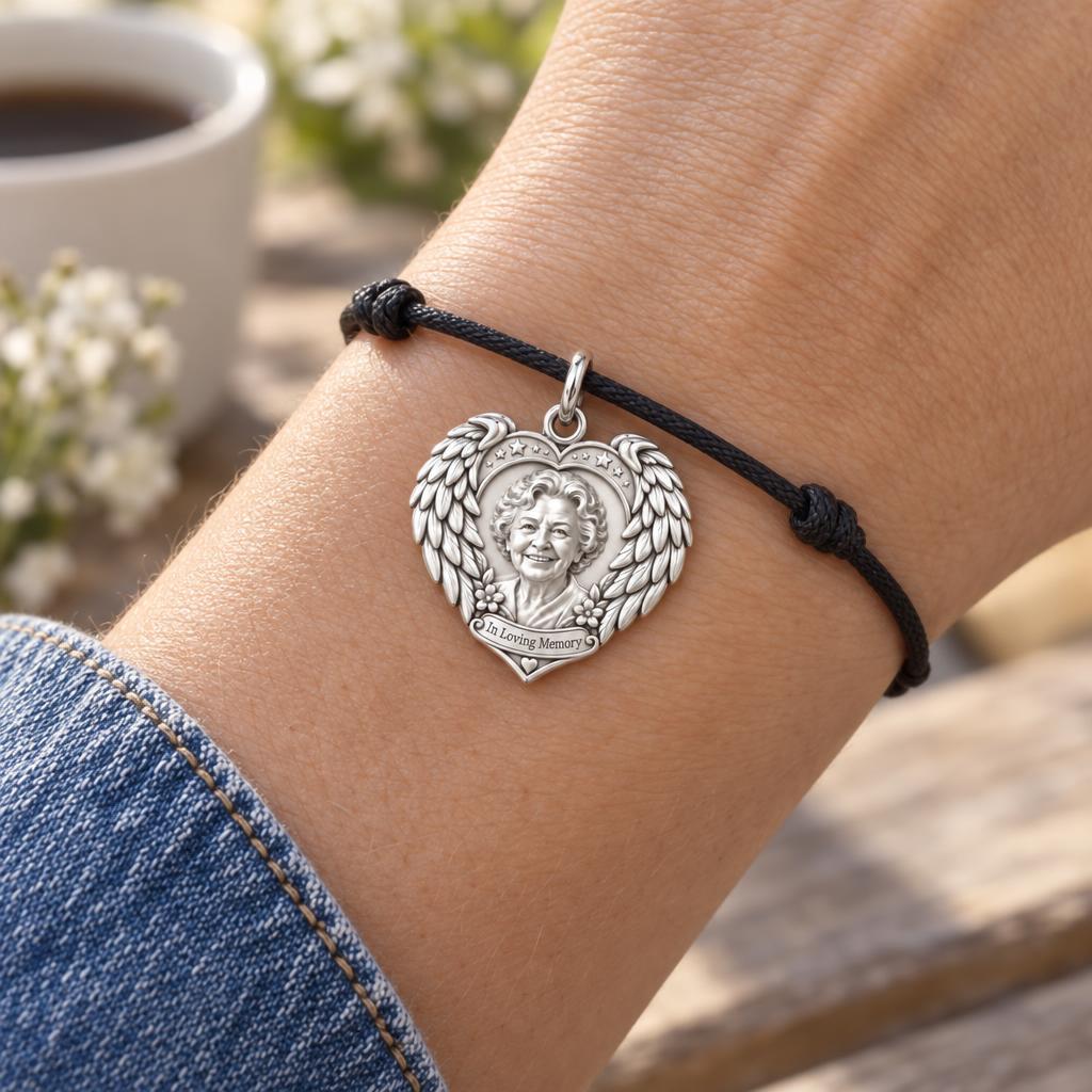 Eternal Wings Memorial Heart Charm Bracelet – Personalized Memorial – worn on the wrist on a black cord bracelet