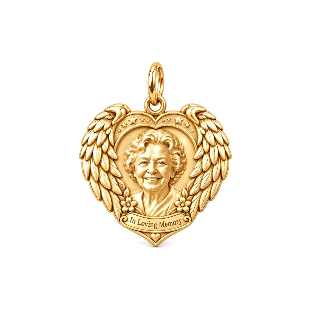 Eternal Wings Memorial Heart Charm Bracelet – Personalized Memorial – 18K gold plated 2 cm charm, front view