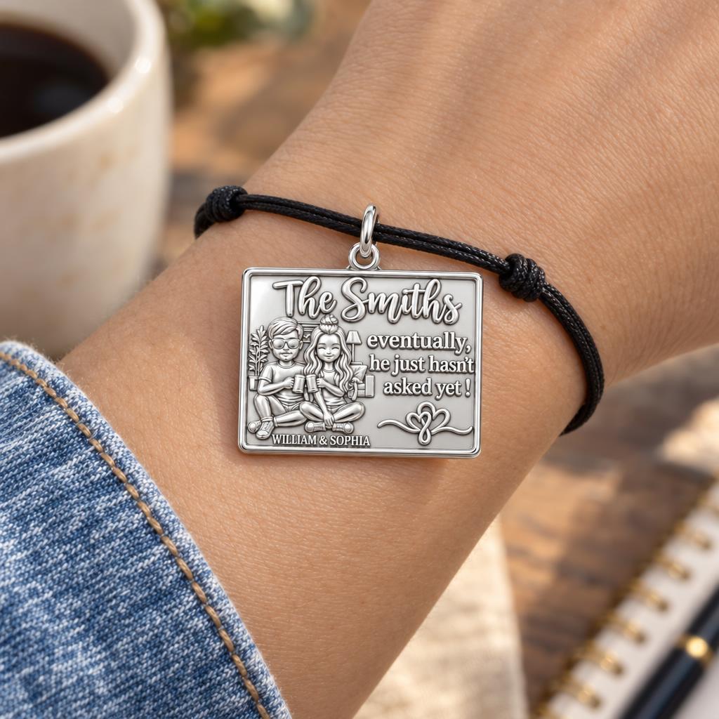 Eventually Asked Yet Charm Bracelet – Personalized Couple Gift – worn on the wrist on a black cord bracelet