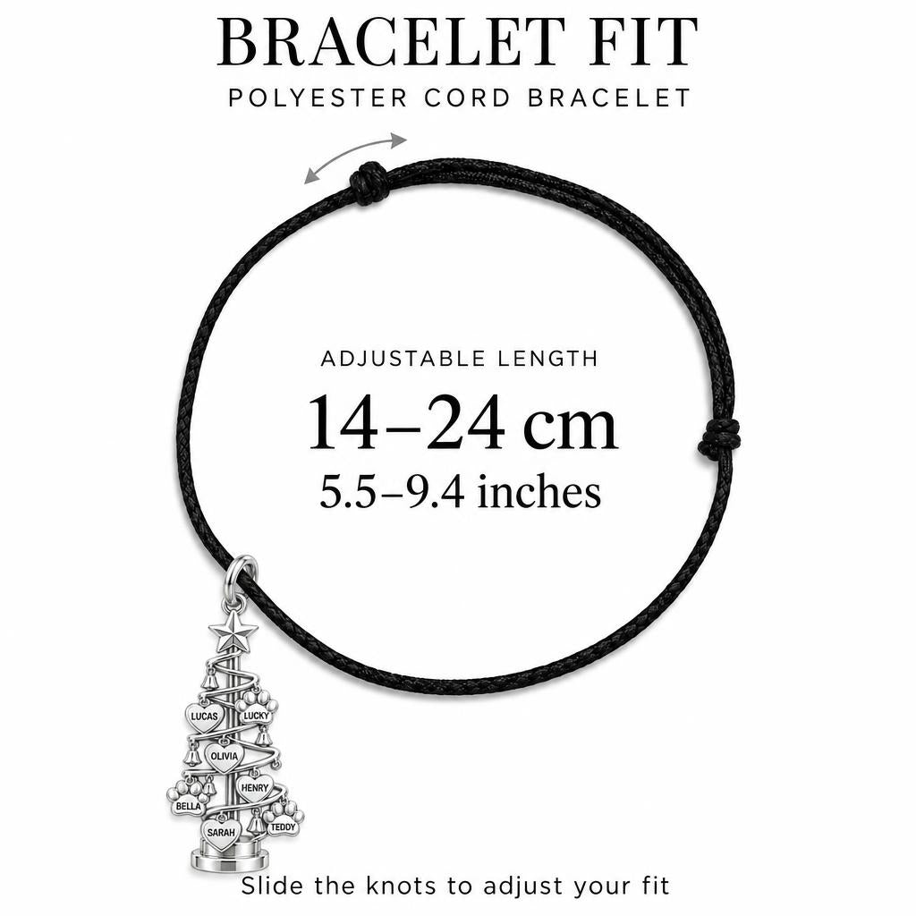 Evergreen Family Tree Charm Bracelet – Personalized Mom Gift – adjustable black cord bracelet, 14–24 cm