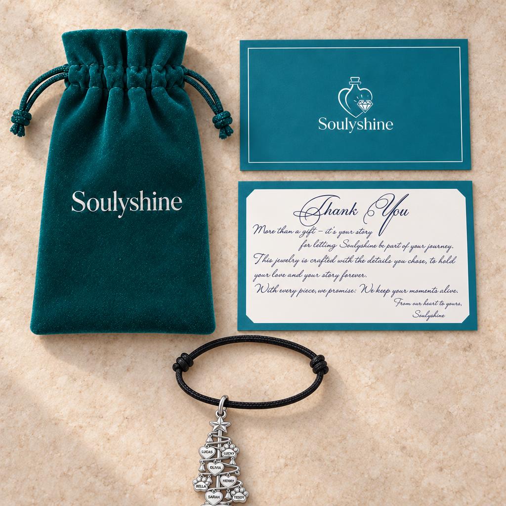 Evergreen Family Tree Charm Bracelet – Personalized Mom Gift – Soulyshine velvet pouch and gift card