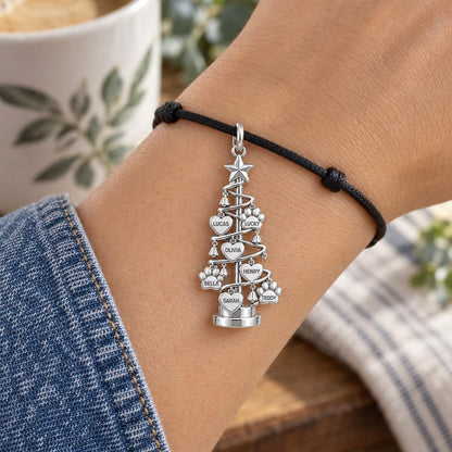 Evergreen Family Tree Charm Bracelet – Personalized Mom Gift – worn on the wrist on a black cord bracelet