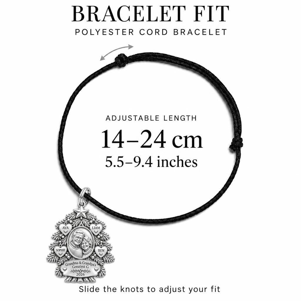 Evergreen Family Tree Charm Bracelet – Personalized Nana Gift – adjustable black cord bracelet, 14–24 cm