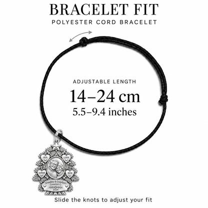 Evergreen Family Tree Charm Bracelet – Personalized Nana Gift – adjustable black cord bracelet, 14–24 cm