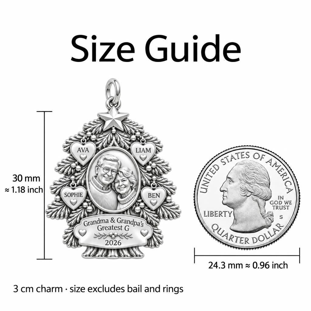 Evergreen Family Tree Charm Bracelet – Personalized Nana Gift – size guide, 3 cm charm next to a quarter