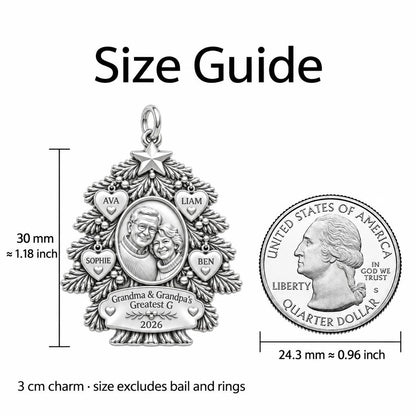 Evergreen Family Tree Charm Bracelet – Personalized Nana Gift – size guide, 3 cm charm next to a quarter