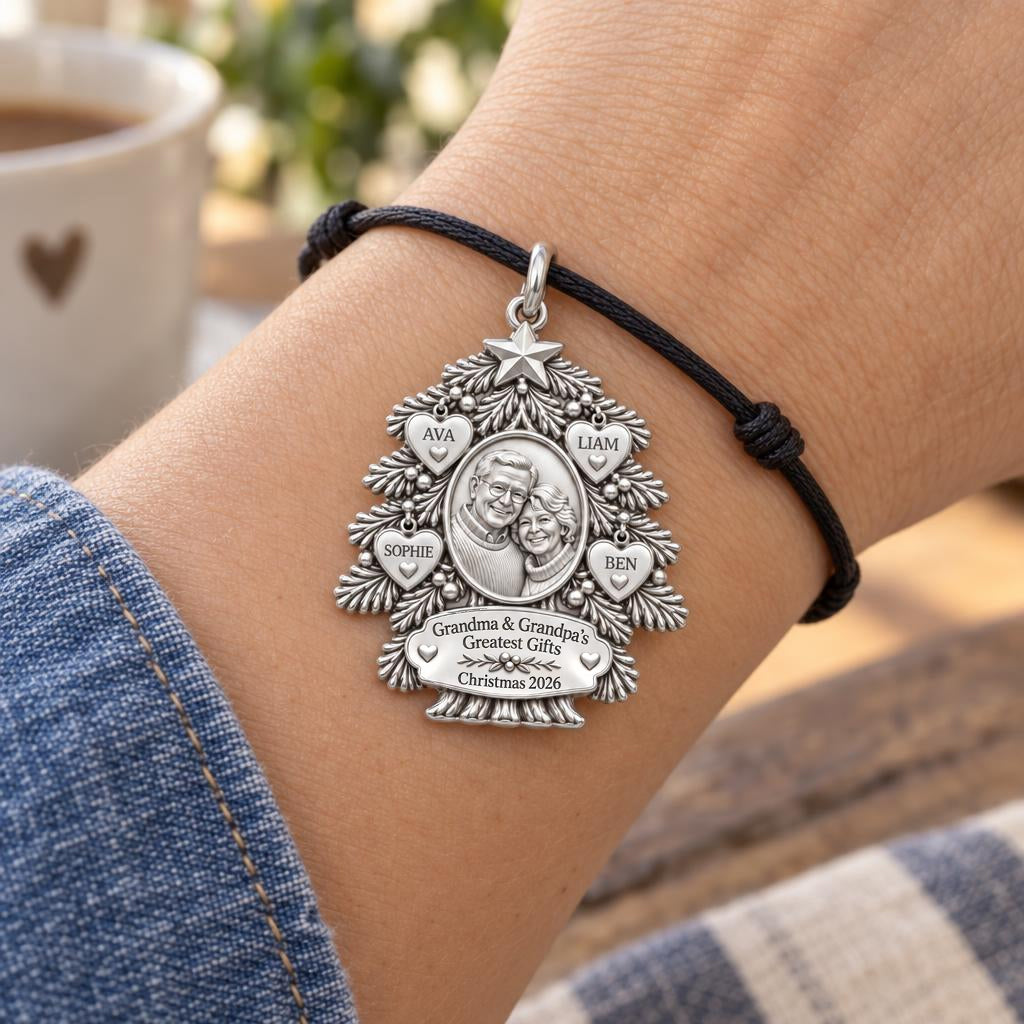 Evergreen Family Tree Charm Bracelet – Personalized Nana Gift – worn on the wrist on a black cord bracelet