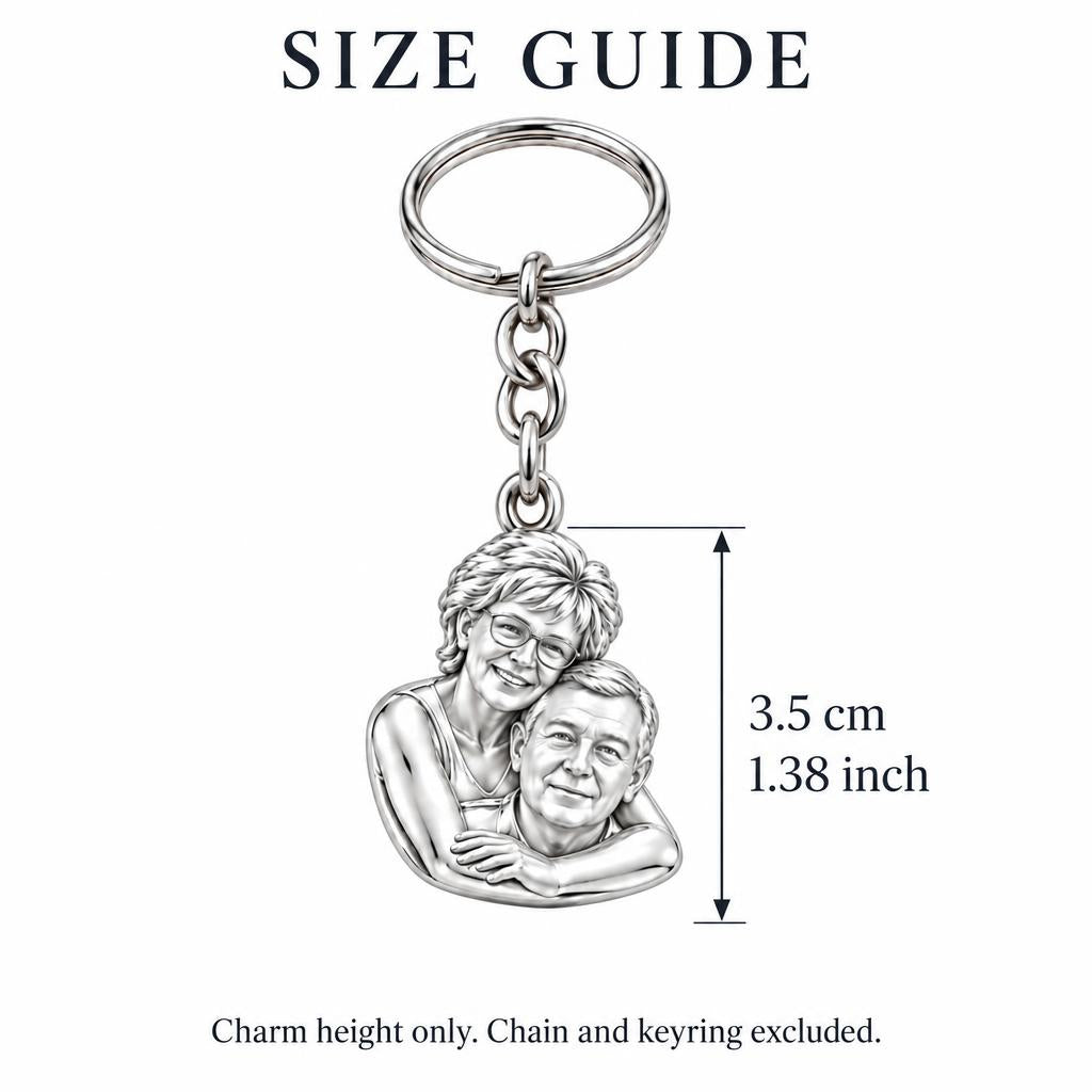 Everlasting Embrace Photo Charm Keychain – size guide, 3.5 cm (1.38 in) charm, chain and keyring excluded