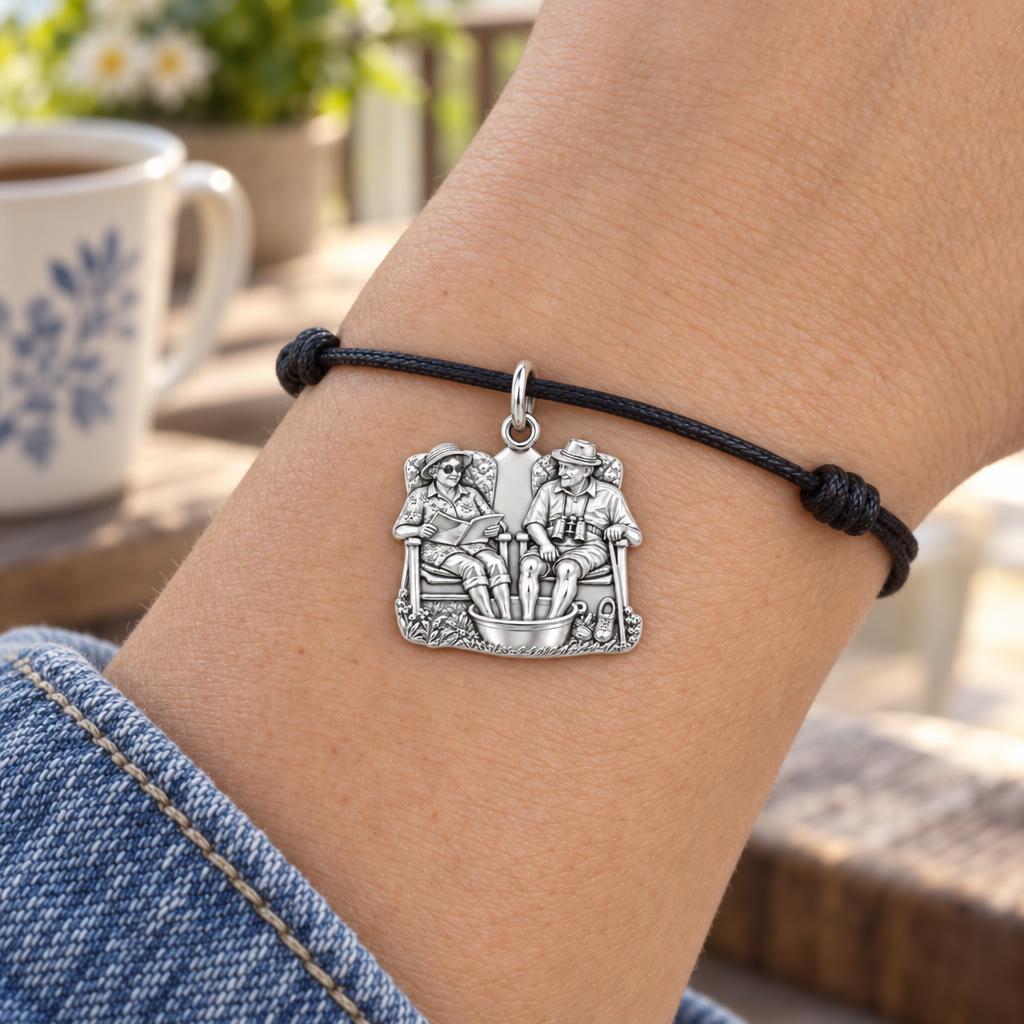 Everlasting Love Porch Chairs Charm Bracelet – Personalized Couple – worn on the wrist on a black cord bracelet