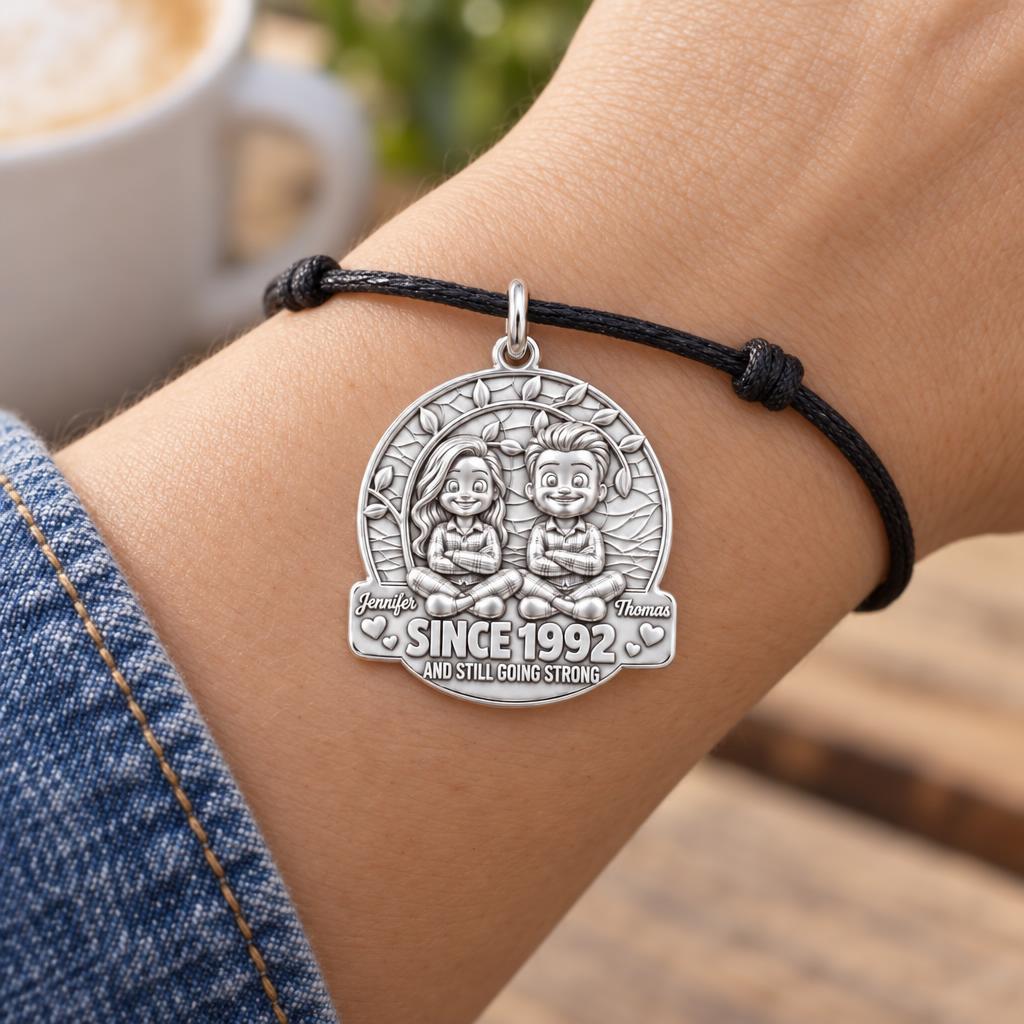 Everlasting Love Tree Charm Bracelet – Personalized Couple Gift – worn on the wrist on a black cord bracelet