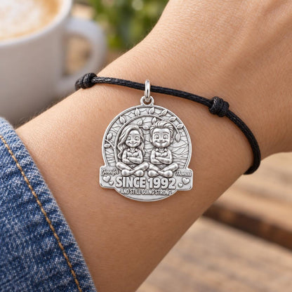 Everlasting Love Tree Charm Bracelet – Personalized Couple Gift – worn on the wrist on a black cord bracelet
