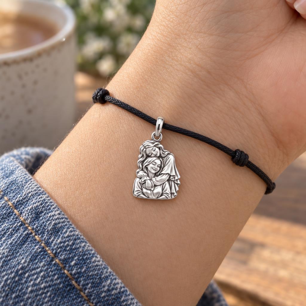 Everlasting Motherly Embrace Charm Bracelet – Personalized Mom Gift – worn on the wrist on a black cord bracelet