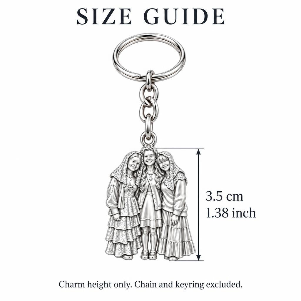 Everlasting Sisterhood Portrait Charm Keychain – size guide, 3.5 cm (1.38 in) charm, chain and keyring excluded