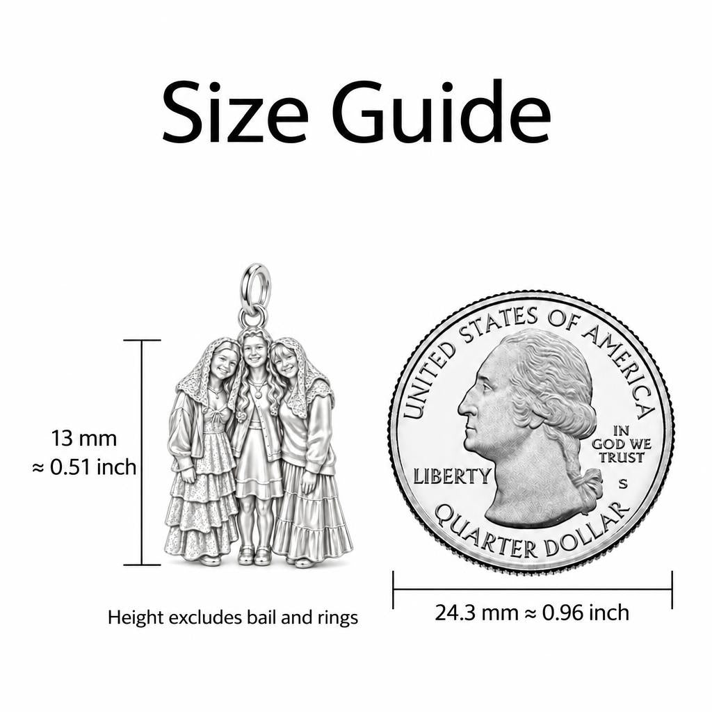 Everlasting Sisterhood Portrait Huggie Charm Earrings – size guide, 13 mm charm next to a quarter