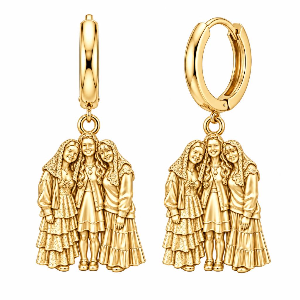 Everlasting Sisterhood Portrait Huggie Charm Earrings – 18K gold, front view