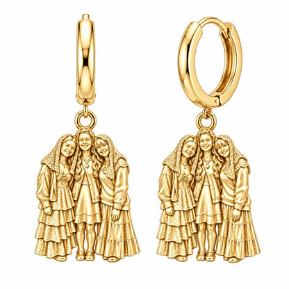 Everlasting Sisterhood Portrait Huggie Charm Earrings – 18K gold, front view
