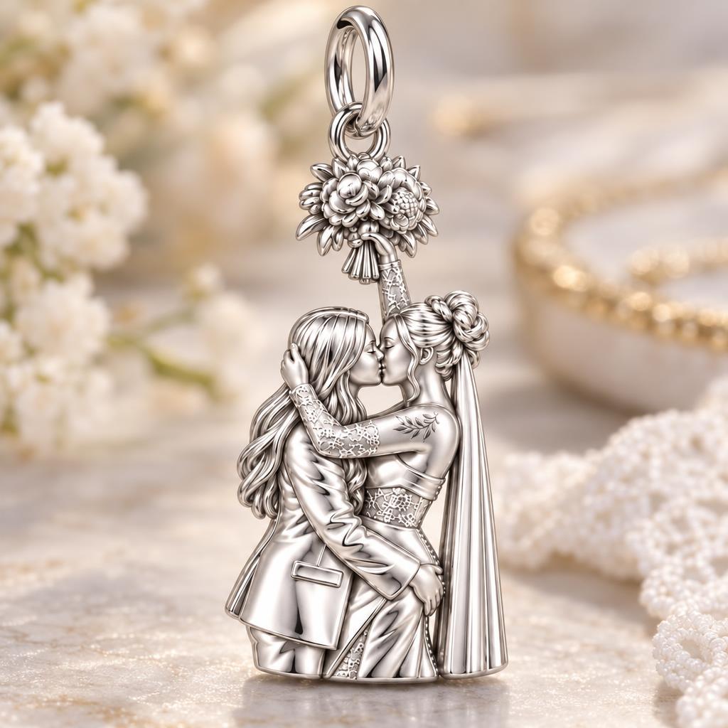 Everlasting Wedding Kiss Charm Bracelet – Personalized Couple Gift – macro detail of the charm
