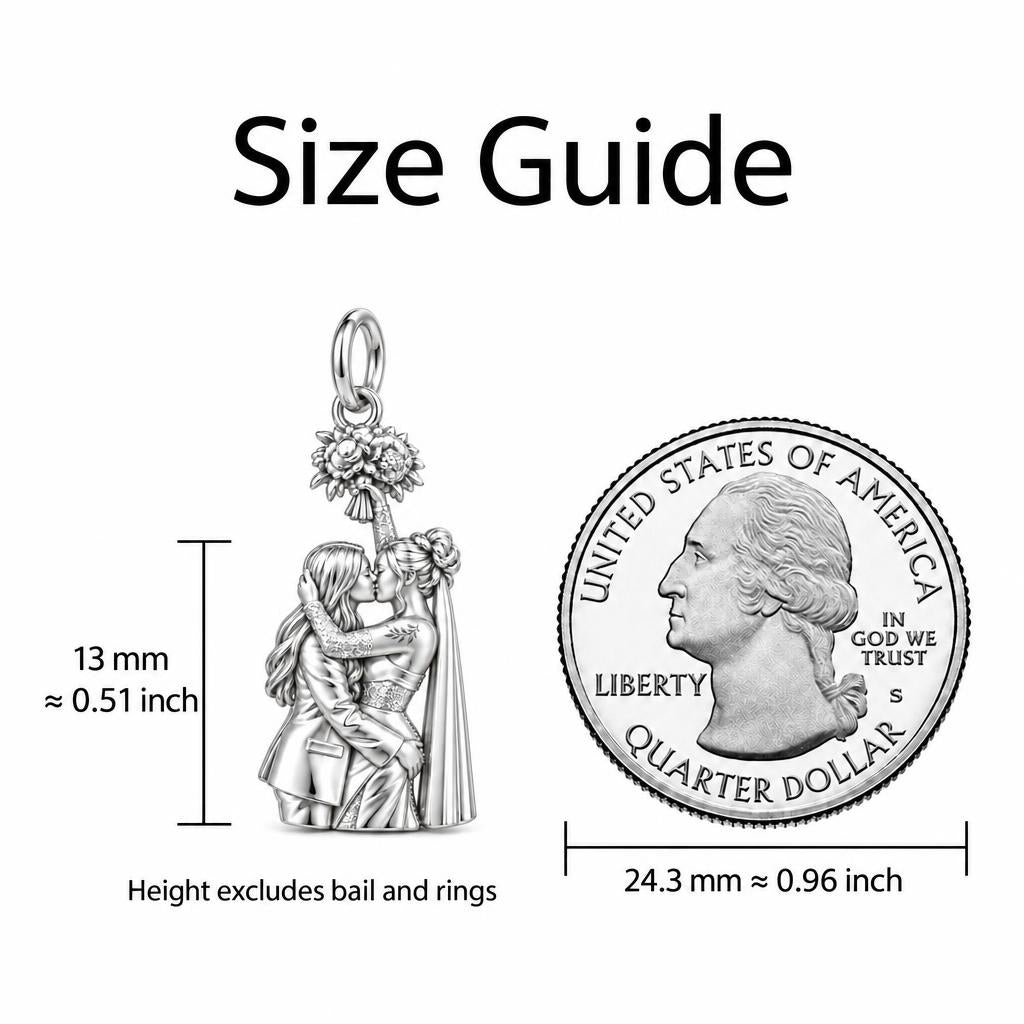 Everlasting Wedding Kiss Charm Bracelet – Personalized Couple Gift – size guide, 13 mm charm next to a quarter