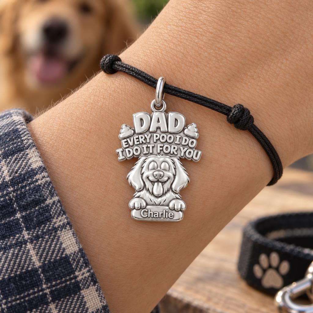Every Poo I Do Charm Bracelet – Personalized Dog Dad Gift – worn on the wrist on a black cord bracelet