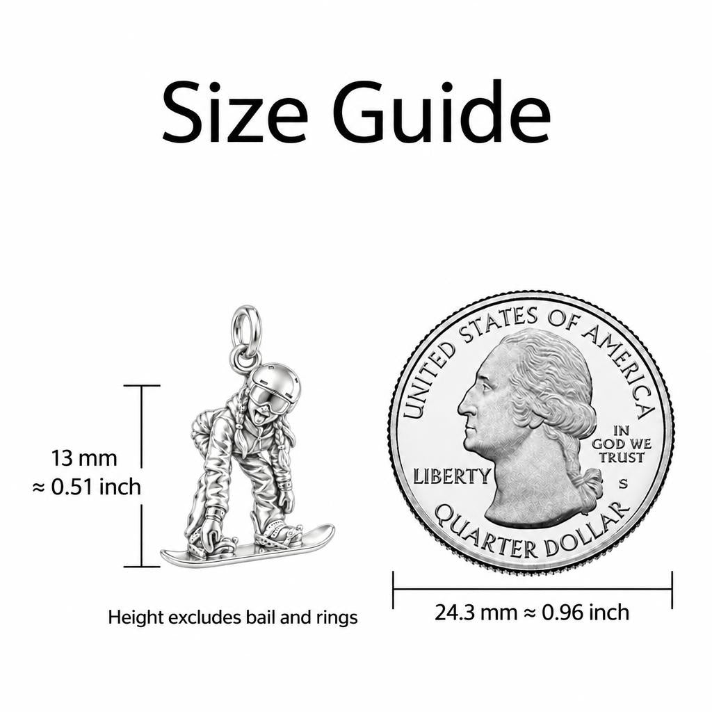 Every Slope, A Memory – Custom Skiing & Snowboarding Charm – size guide, 13 mm charm next to a quarter