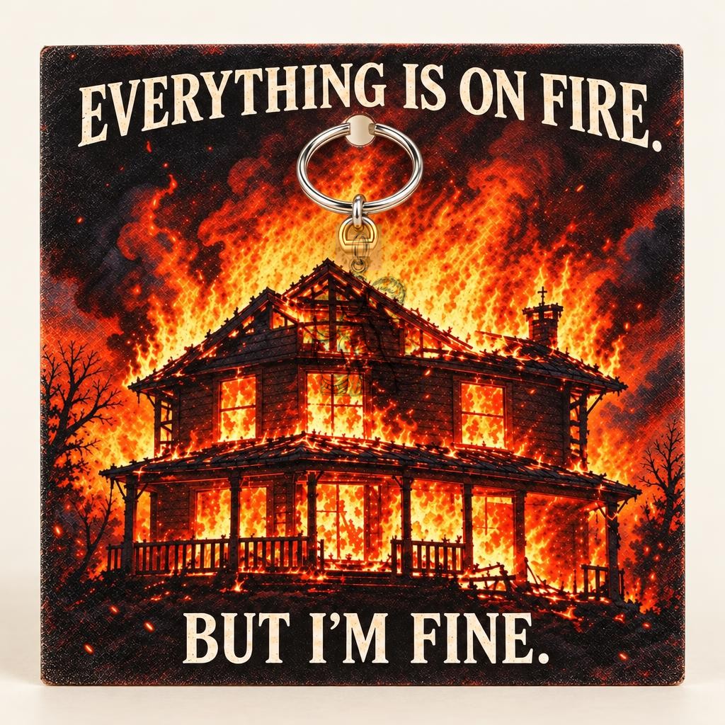 Everything Is On Fire Charm Keychain – silver, on its message card
