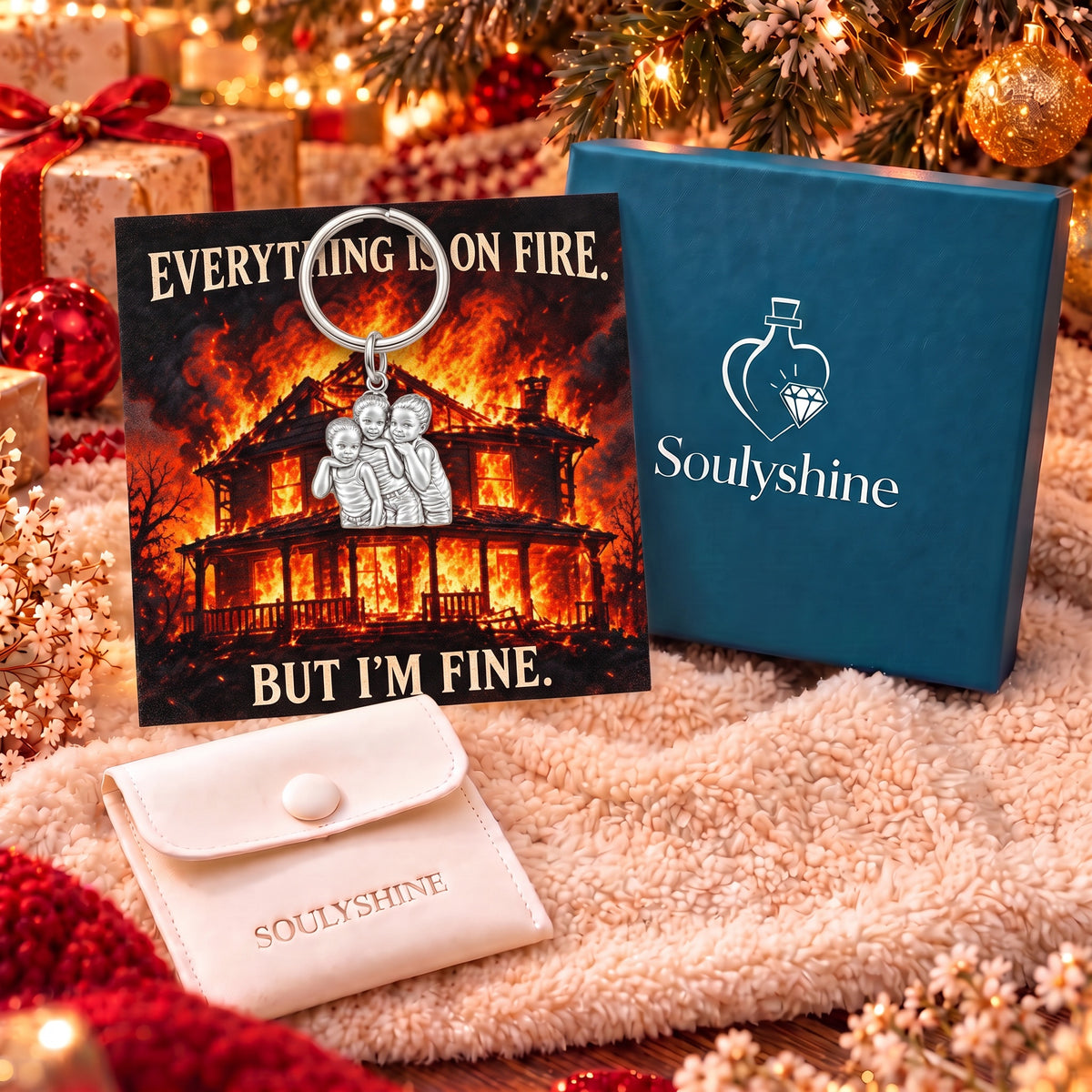 Everything Is On Fire Charm Keychain – gift box with the message card