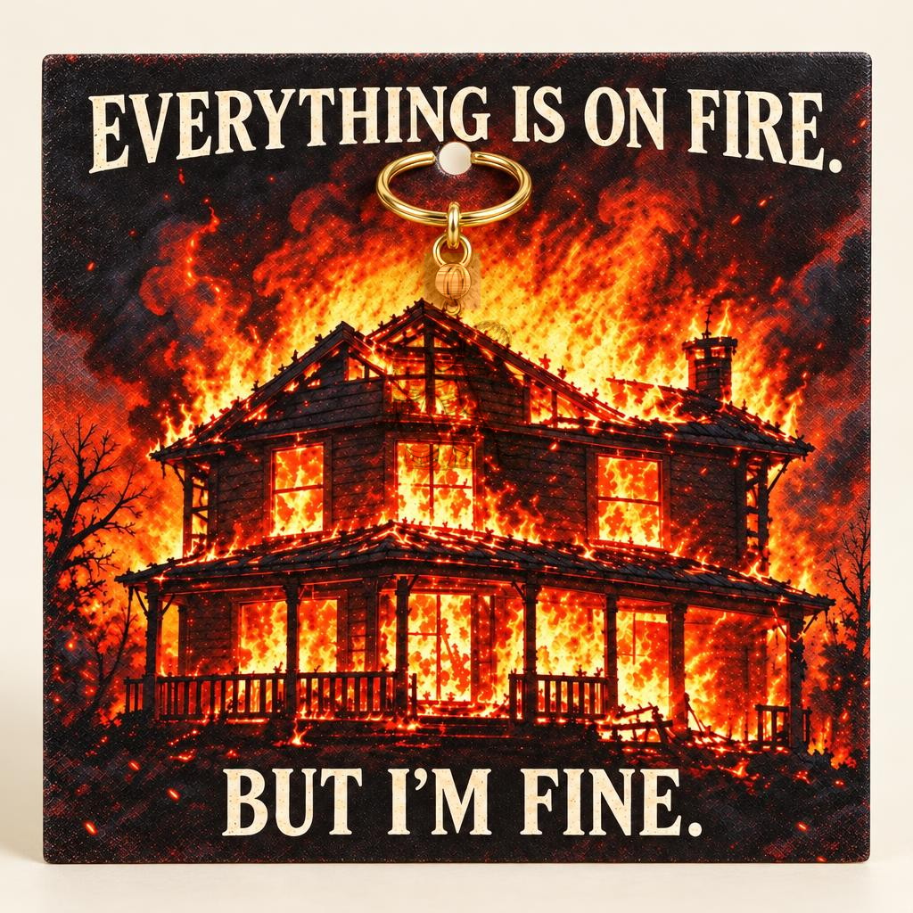 Everything Is On Fire Charm Keychain – 18K gold, on its message card