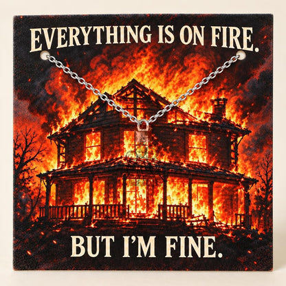 Everything Is On Fire Charm Necklace Set – silver, on its message card